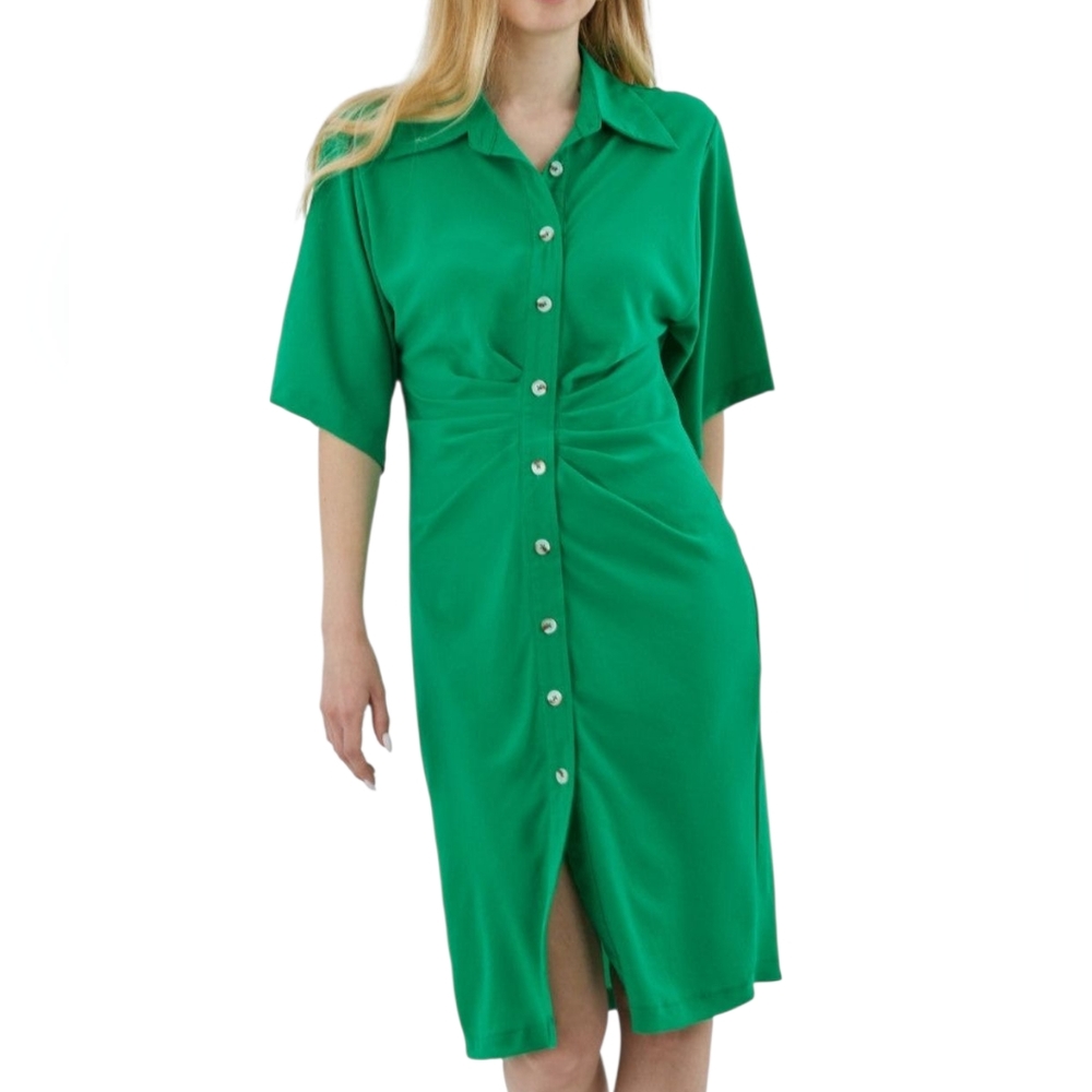 NWT SILK & SALT Kelly Green Ruched Half Sleeve Button Front Midi Shirt Dress M
